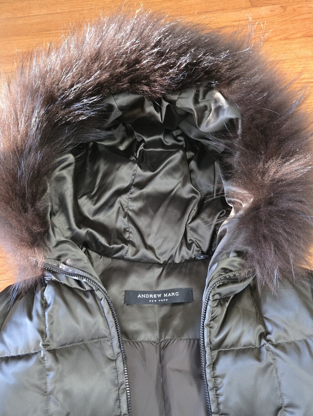 Andrew Marc Goose Down Long Puffer Coat Real Fur Hood Bronze Brown Sz. Small - Picture 8 of 15